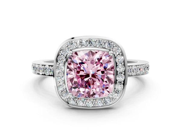 White gold Fancy Pink Cushion Cut Diamond Halo Ring with Bezel Frame and Pavé Band