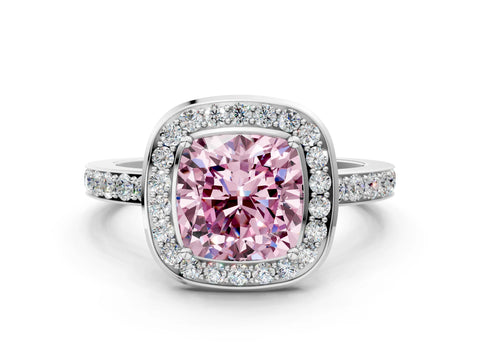 White gold Fancy Pink Cushion Cut Diamond Halo Ring with Bezel Frame and Pavé Band