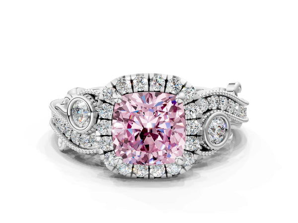 Platinum Fancy Pink Cushion Cut Diamond Halo Ring with Milgrain Pavé Band and Four-Prong Setting