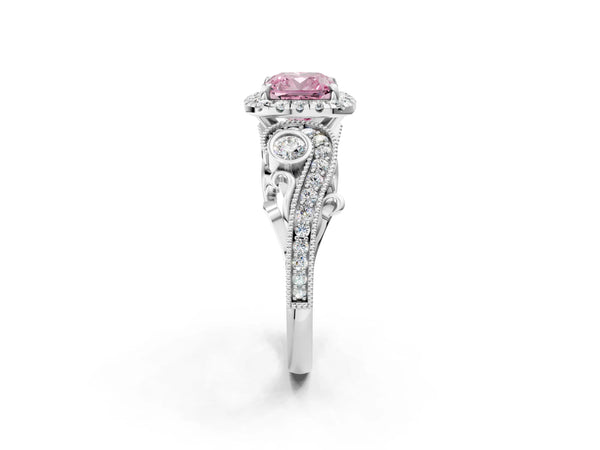 Platinum Fancy Pink Cushion Cut Diamond Halo Ring with Milgrain Pavé Band and Four-Prong Setting