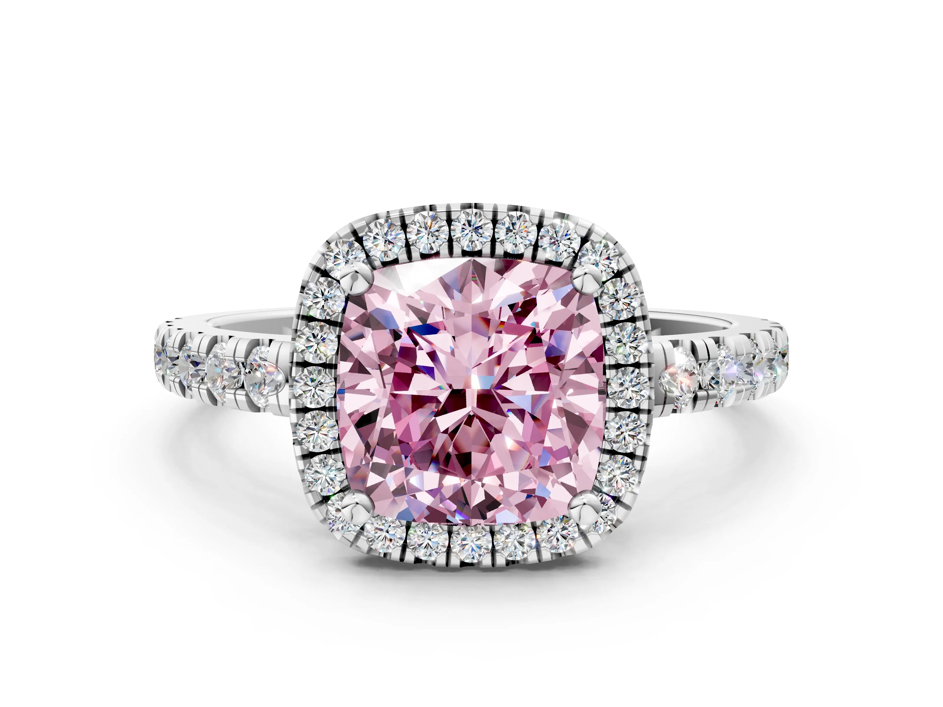White gold Fancy Pink Cushion Cut Diamond Halo Ring with Pavé Band and Four-Prong Setting_12