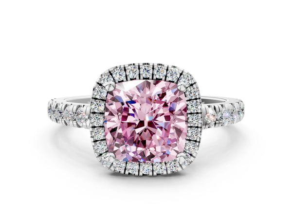 White gold Fancy Pink Cushion Cut Diamond Halo Ring with Pavé Band and Four-Prong Setting