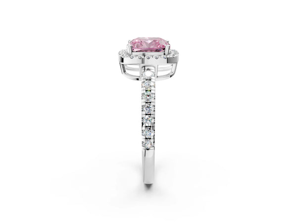 White gold Fancy Pink Cushion Cut Diamond Halo Ring with Pavé Band and Four-Prong Setting