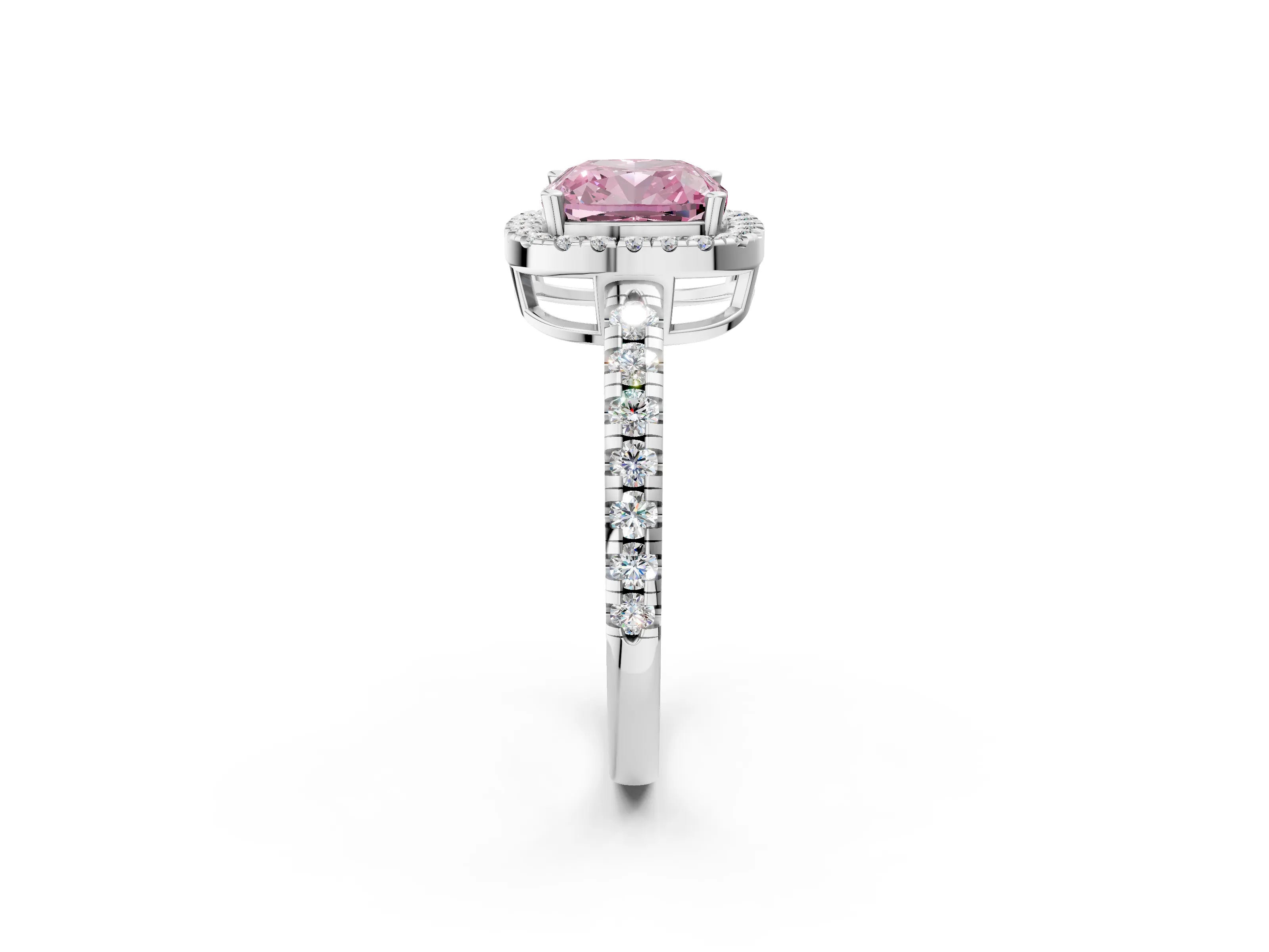 White gold Fancy Pink Cushion Cut Diamond Halo Ring with Pavé Band and Four-Prong Setting_14