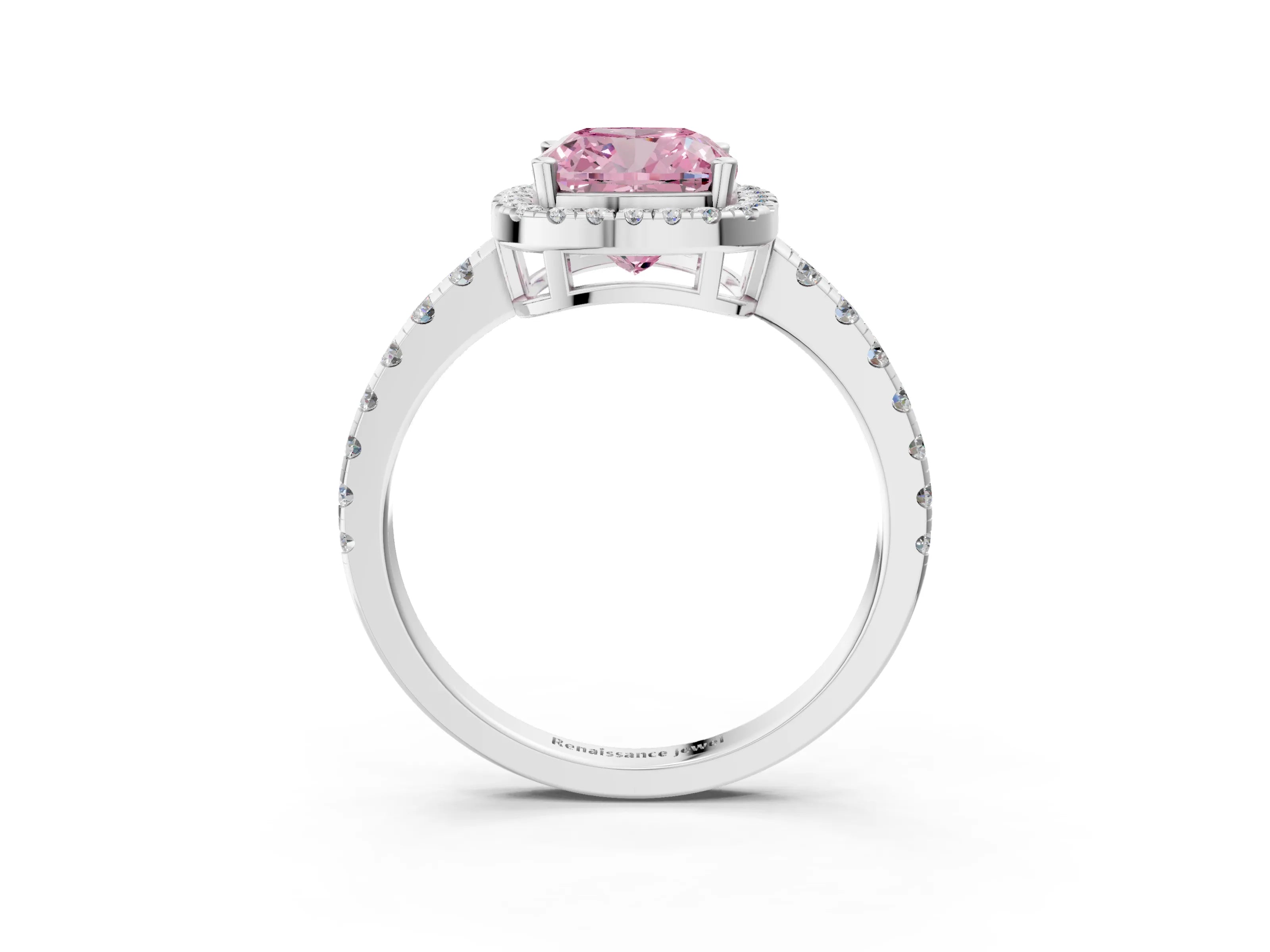 White gold Fancy Pink Cushion Cut Diamond Halo Ring with Pavé Band and Four-Prong Setting_15