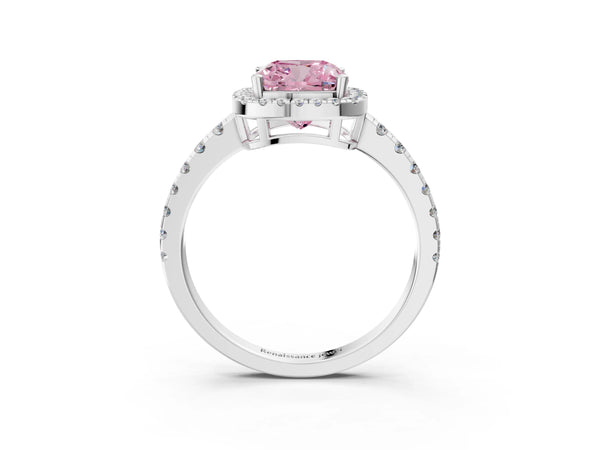 White gold Fancy Pink Cushion Cut Diamond Halo Ring with Pavé Band and Four-Prong Setting