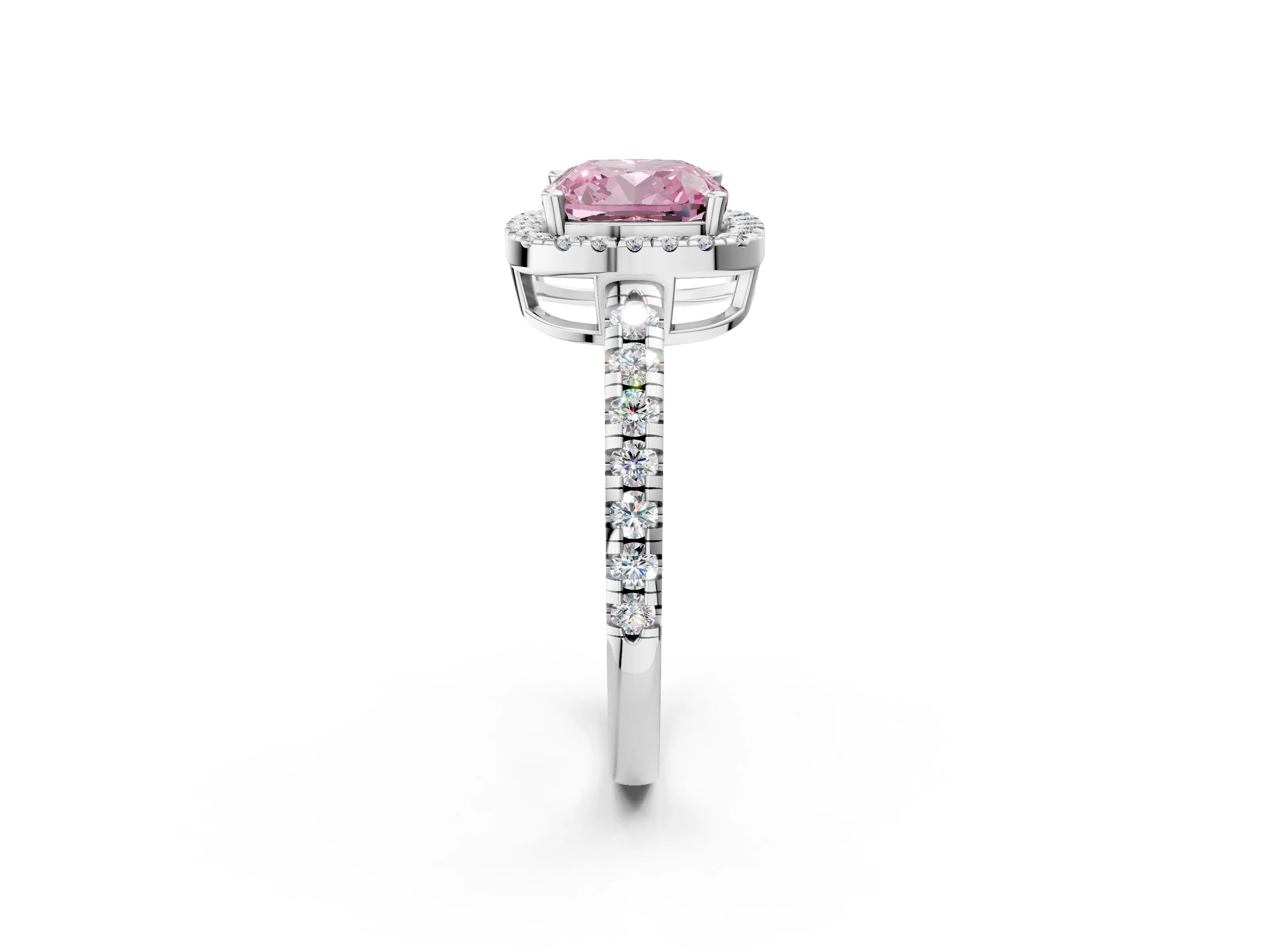 White gold Fancy Pink Cushion Cut Diamond Halo Ring with Pavé Band and Four-Prong Setting_2