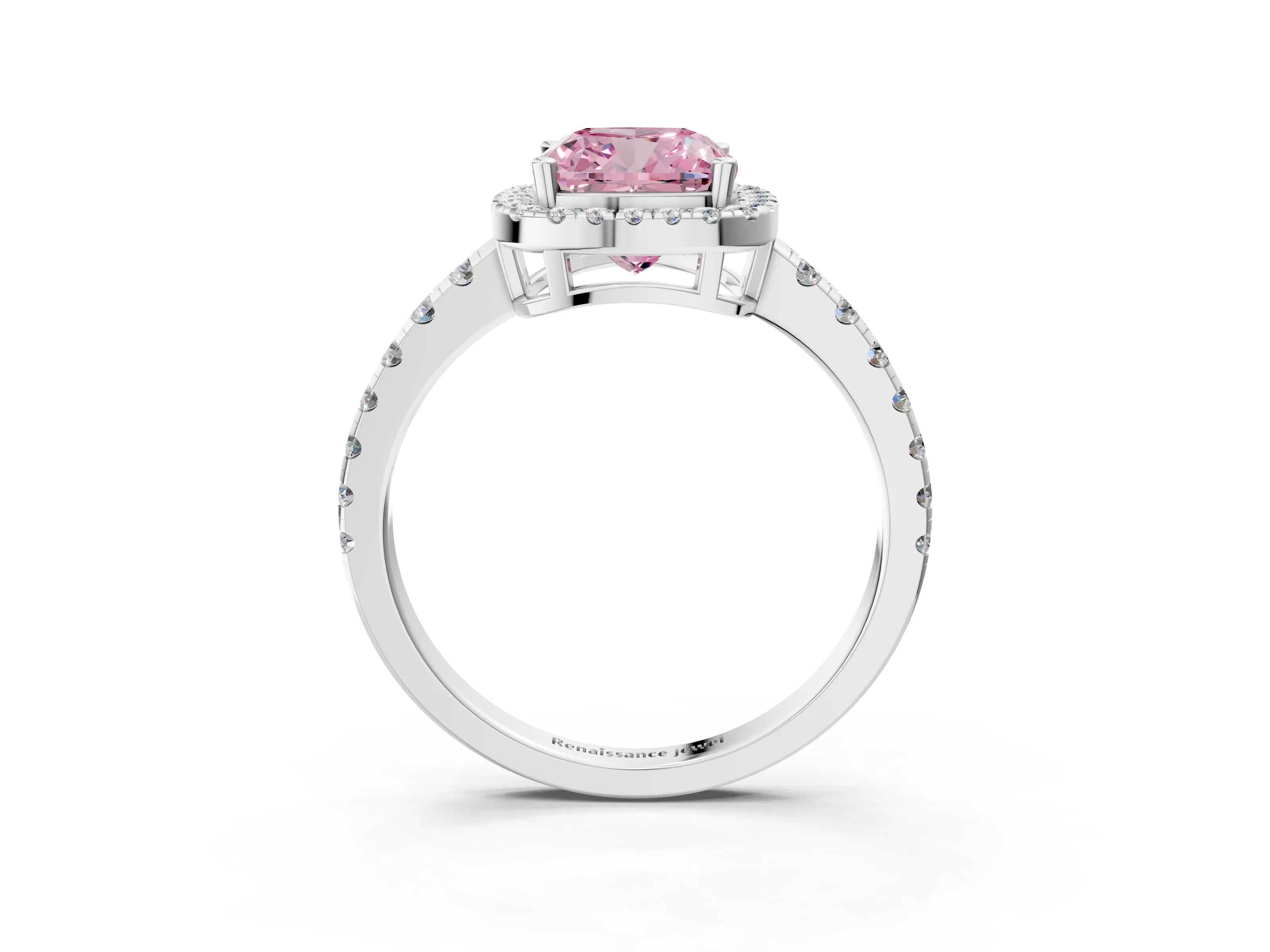 White gold Fancy Pink Cushion Cut Diamond Halo Ring with Pavé Band and Four-Prong Setting_3
