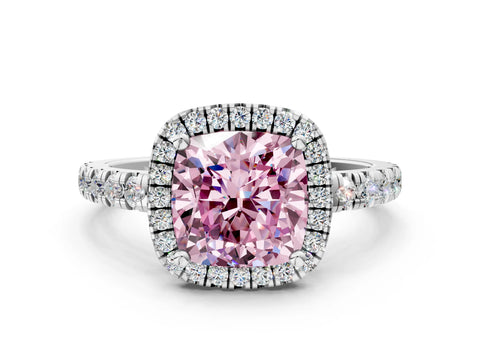 White gold Fancy Pink Cushion Cut Diamond Halo Ring with Pavé Band and Four-Prong Setting