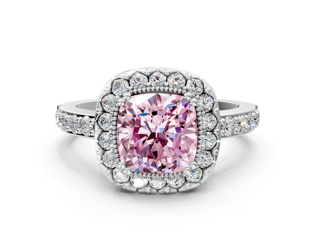 White gold Fancy Pink Cushion Cut Diamond Halo Ring with Pavé Band and Prong Setting_12