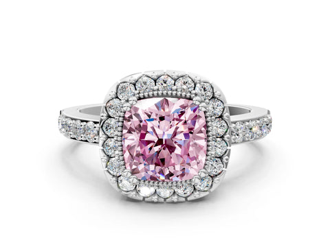White gold Fancy Pink Cushion Cut Diamond Halo Ring with Pavé Band and Prong Setting_12