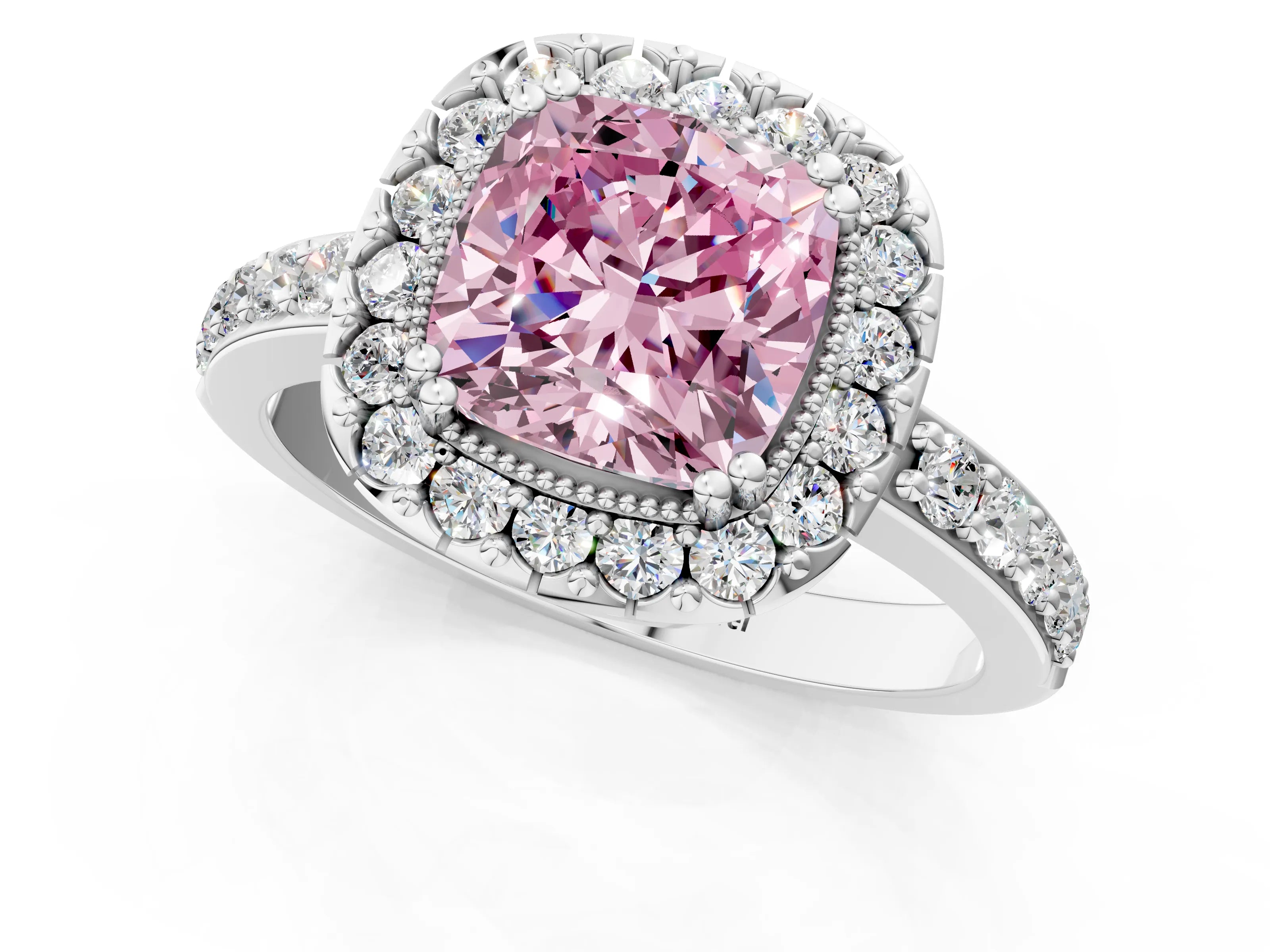 White gold Fancy Pink Cushion Cut Diamond Halo Ring with Pavé Band and Prong Setting_13