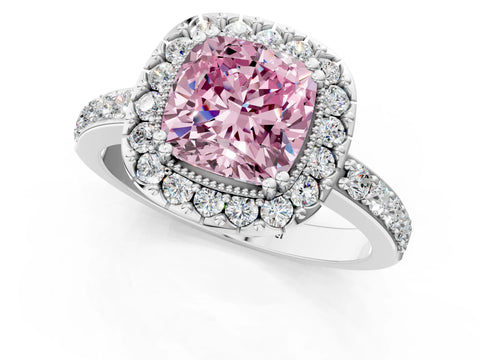 White gold Fancy Pink Cushion Cut Diamond Halo Ring with Pavé Band and Prong Setting_13