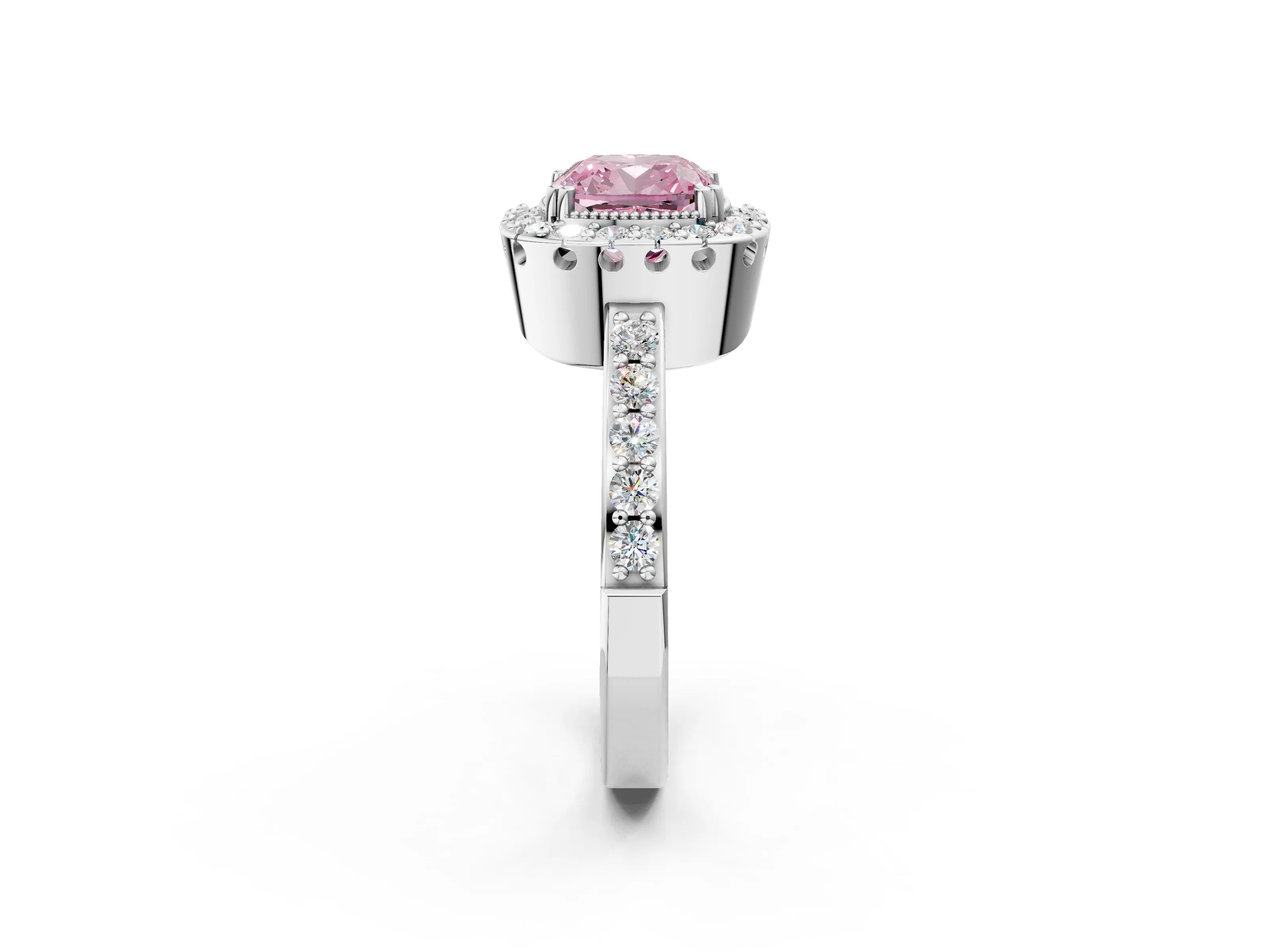 White gold Fancy Pink Cushion Cut Diamond Halo Ring with Pavé Band and Prong Setting_14