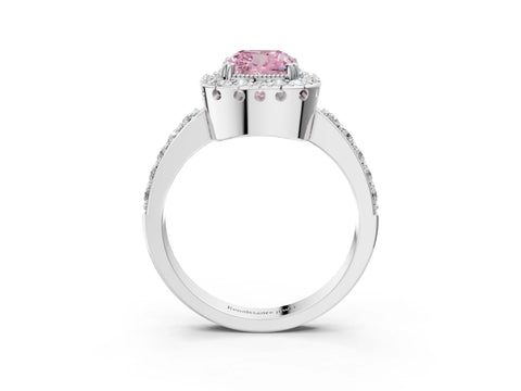 White gold Fancy Pink Cushion Cut Diamond Halo Ring with Pavé Band and Prong Setting_15
