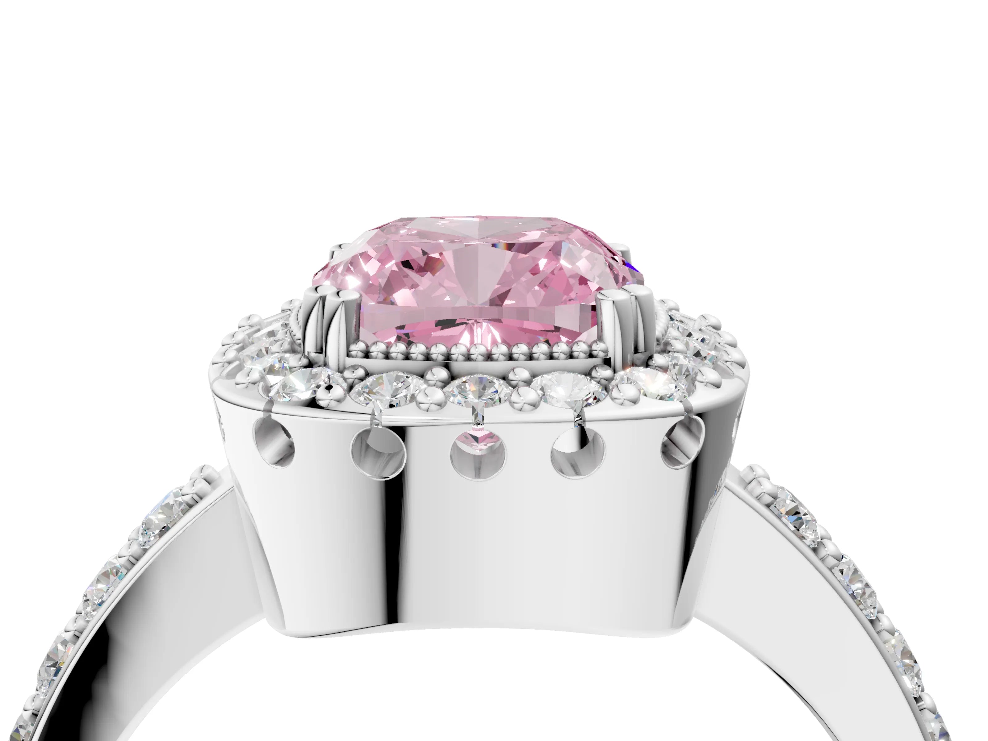 White gold Fancy Pink Cushion Cut Diamond Halo Ring with Pavé Band and Prong Setting_16