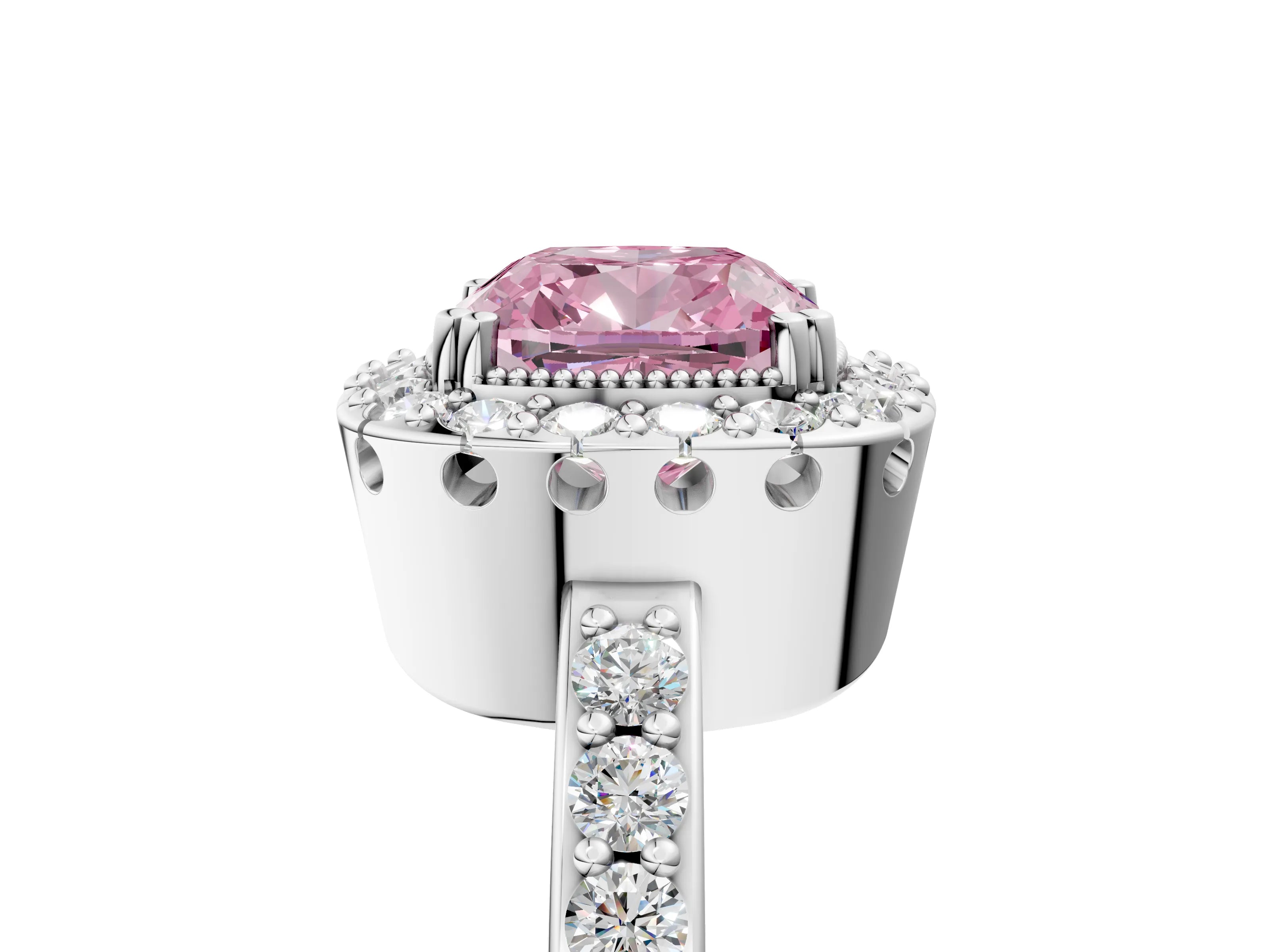 White gold Fancy Pink Cushion Cut Diamond Halo Ring with Pavé Band and Prong Setting_17