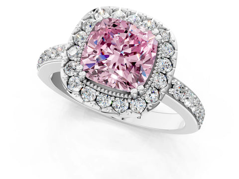 White gold Fancy Pink Cushion Cut Diamond Halo Ring with Pavé Band and Prong Setting_1