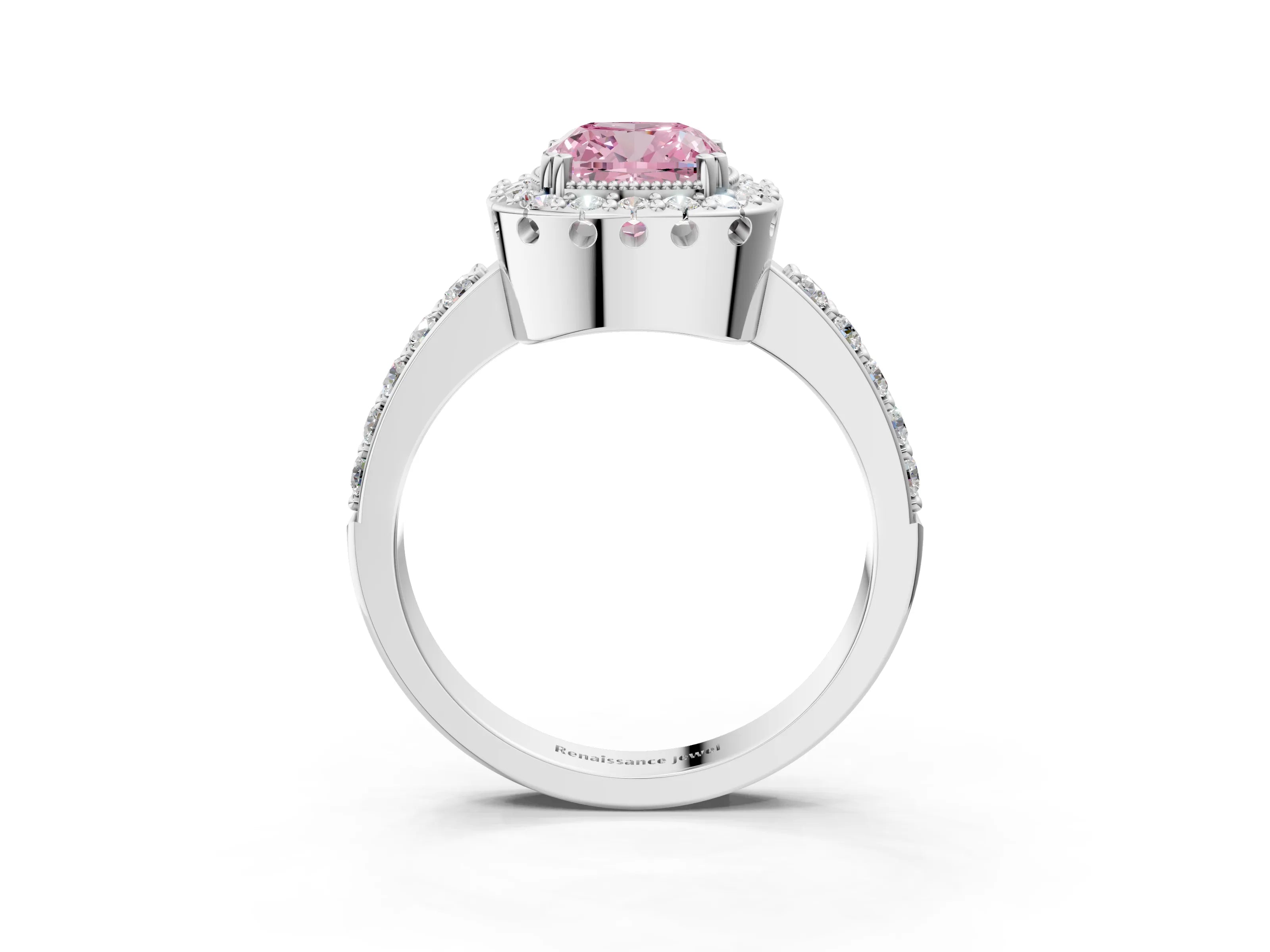 White gold Fancy Pink Cushion Cut Diamond Halo Ring with Pavé Band and Prong Setting_3