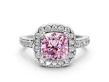 White gold Fancy Pink Cushion Cut Diamond Halo Ring with Pavé Band and Prong Setting