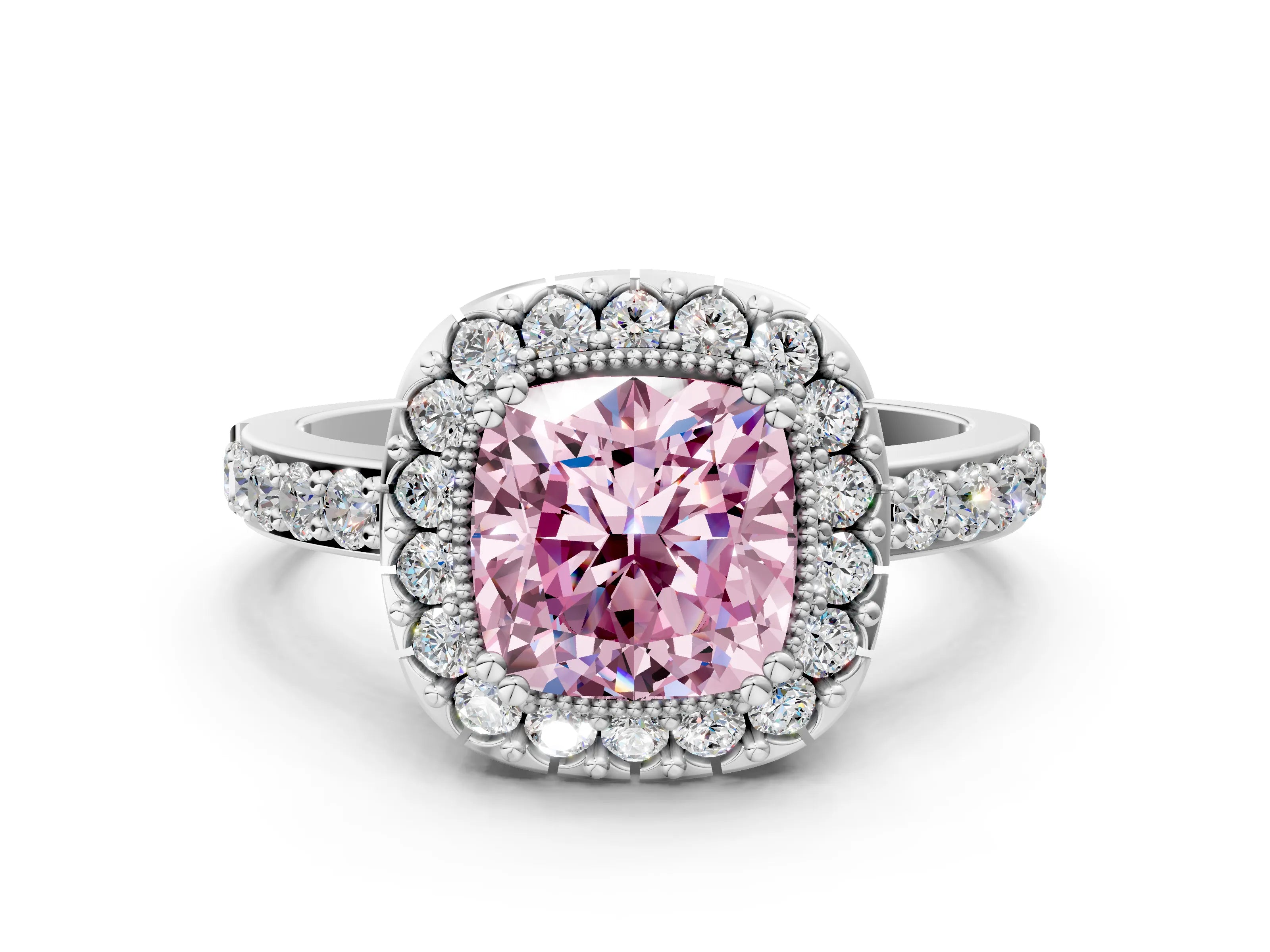 White gold Fancy Pink Cushion Cut Diamond Halo Ring with Pavé Band and Prong Setting