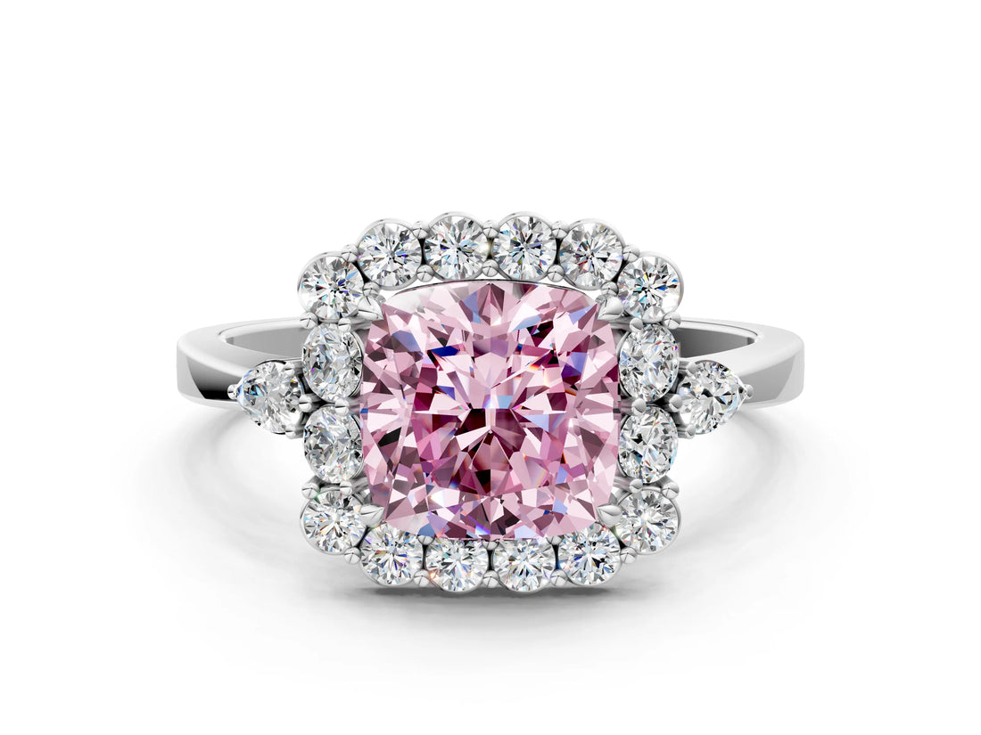 White gold Fancy Pink Cushion Cut Diamond Halo Ring with Pear Side Stones and Prong Setting_75