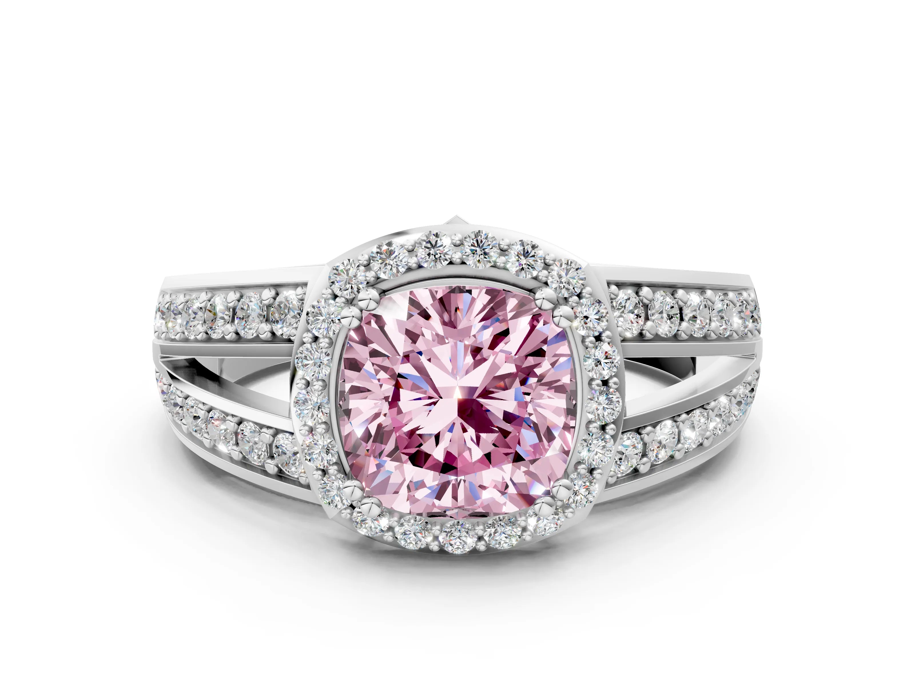White gold Fancy Pink Cushion Cut Diamond Halo Ring with Split Shank Pavé Band and Four-Prong Setting_12