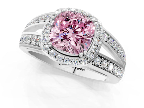 Platinum Fancy Pink Cushion Cut Diamond Halo Ring with Split Shank Pavé Band and Four-Prong Setting