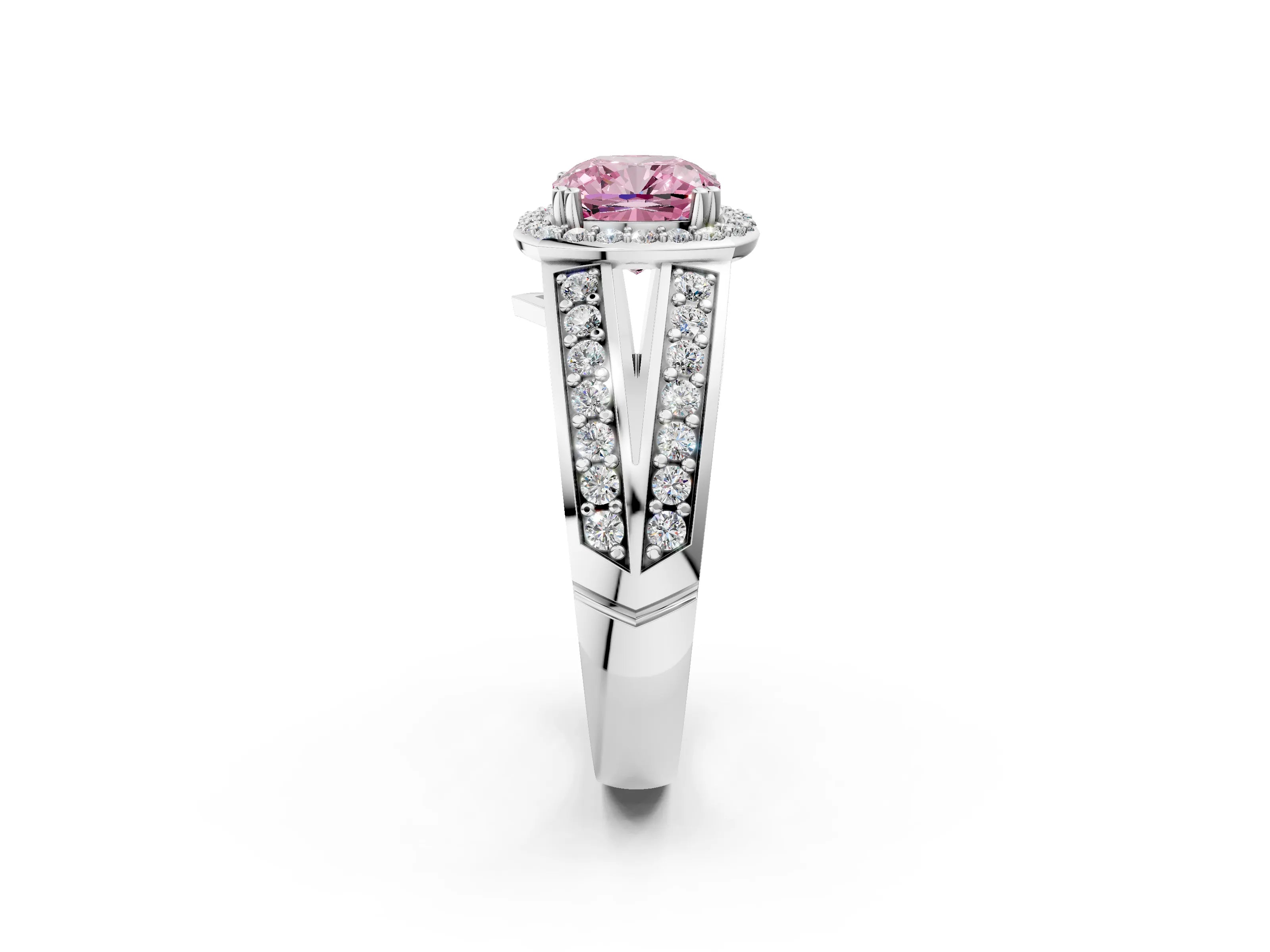 White gold Fancy Pink Cushion Cut Diamond Halo Ring with Split Shank Pavé Band and Four-Prong Setting_14