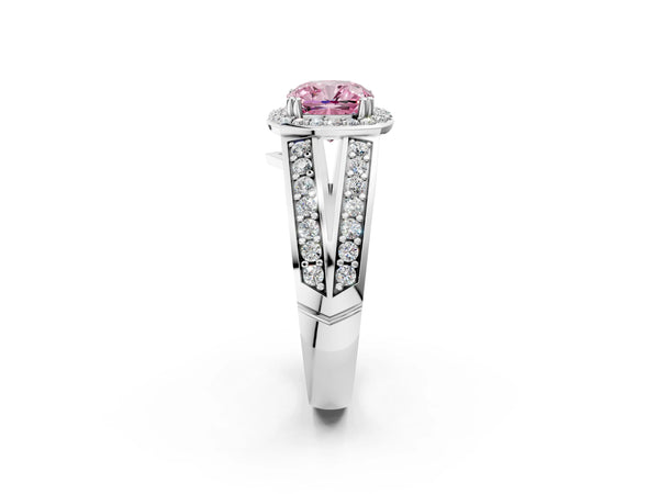 Platinum Fancy Pink Cushion Cut Diamond Halo Ring with Split Shank Pavé Band and Four-Prong Setting