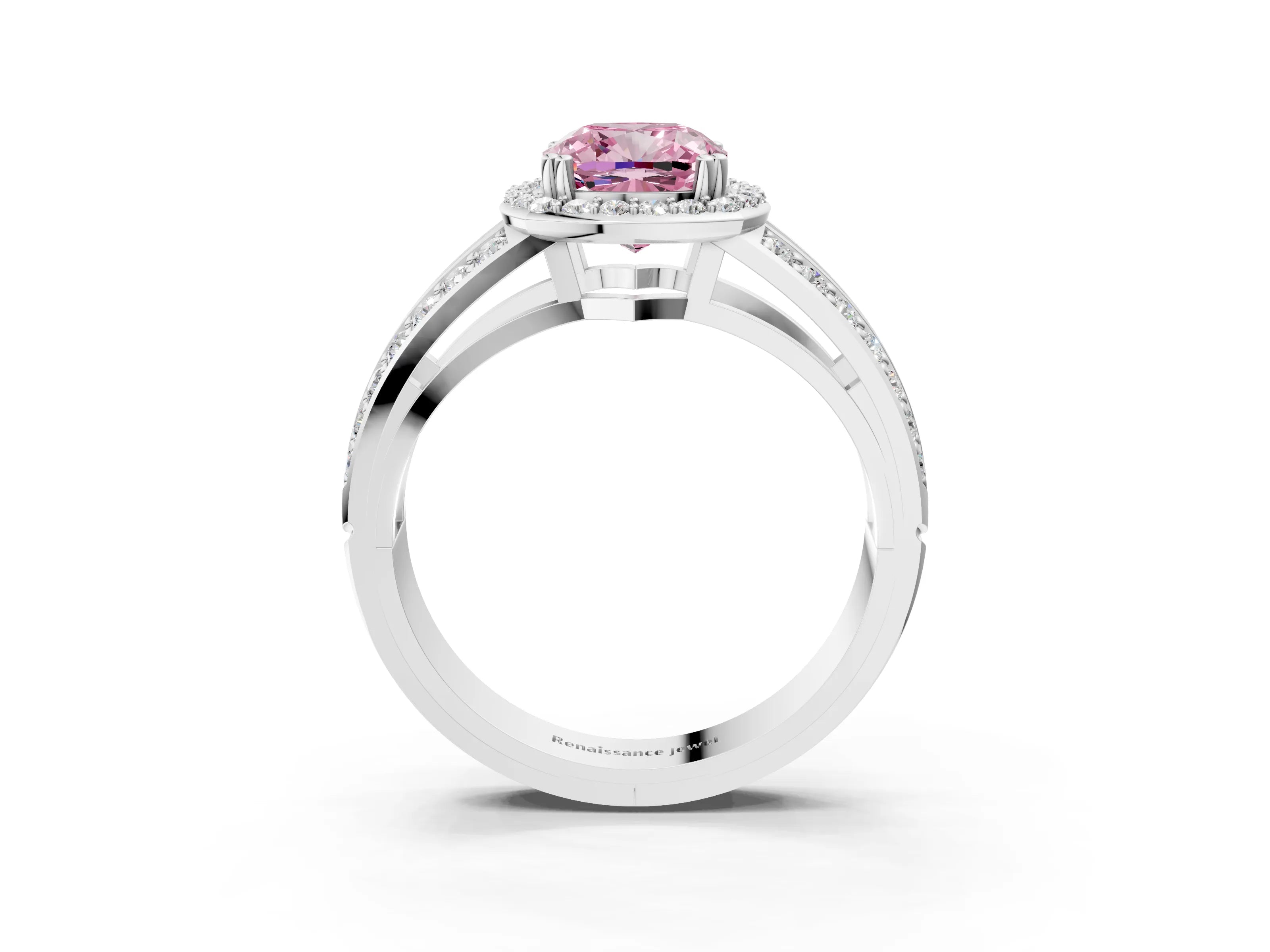 White gold Fancy Pink Cushion Cut Diamond Halo Ring with Split Shank Pavé Band and Four-Prong Setting_15