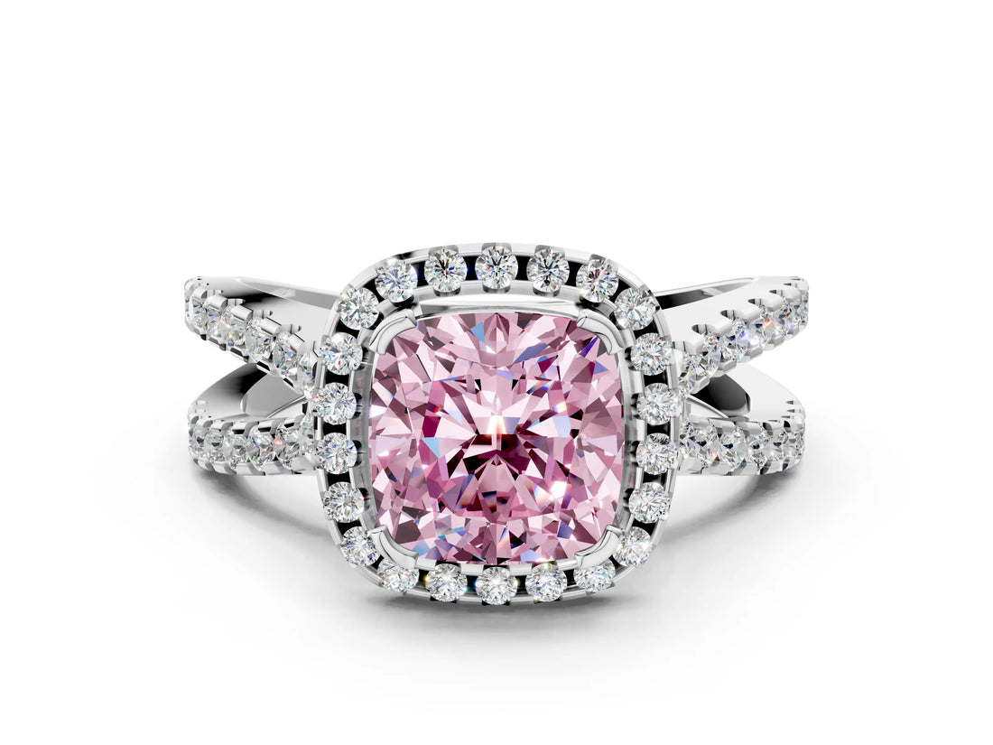 White gold Fancy Pink Cushion Cut Diamond Halo Ring with Split Shank Pavé Band and Prong Setting_79