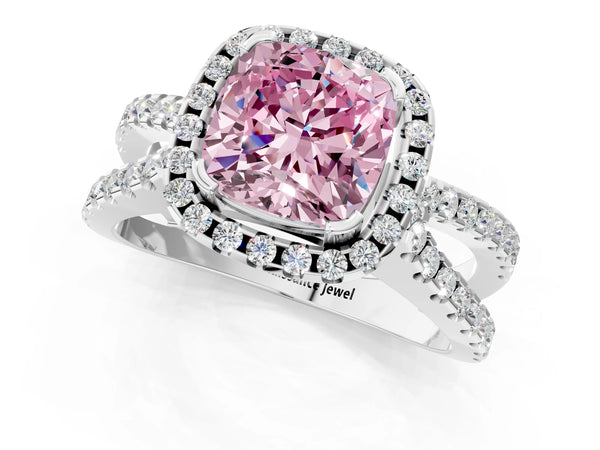 White gold Fancy Pink Cushion Cut Diamond Halo Ring with Split Shank Pavé Band and Prong Setting