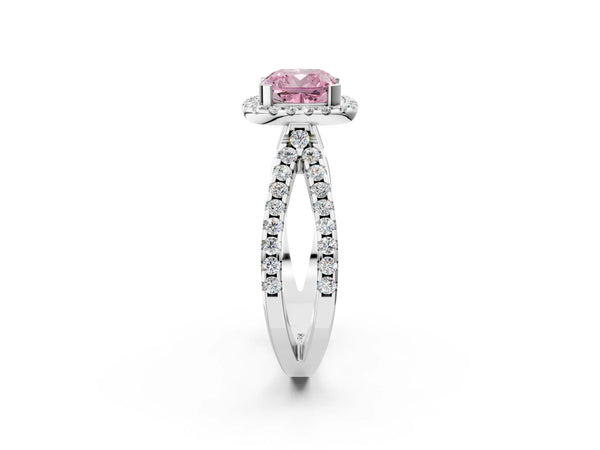 White gold Fancy Pink Cushion Cut Diamond Halo Ring with Split Shank Pavé Band and Prong Setting