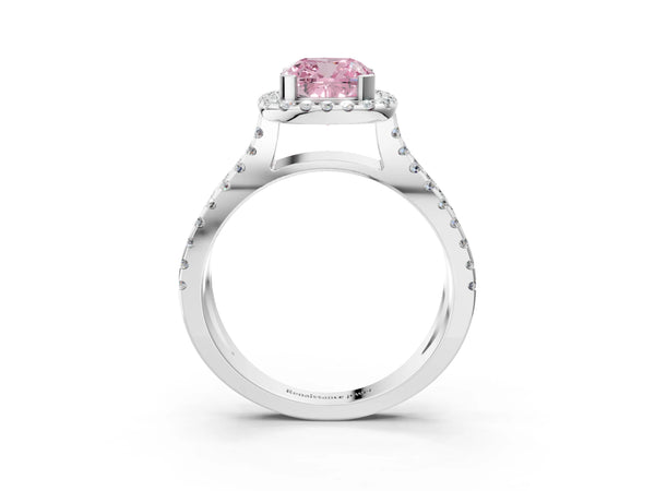 White gold Fancy Pink Cushion Cut Diamond Halo Ring with Split Shank Pavé Band and Prong Setting