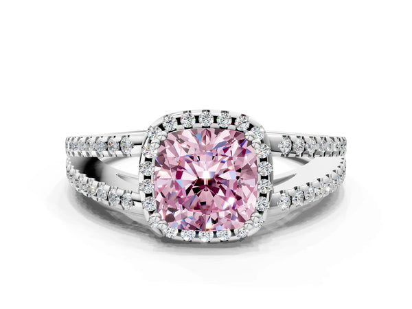 Platinum Fancy Pink Cushion Cut Diamond Halo Split Shank Engagement Ring