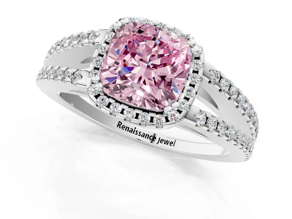 Platinum Fancy Pink Cushion Cut Diamond Halo Split Shank Engagement Ring