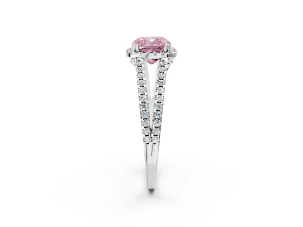 Platinum Fancy Pink Cushion Cut Diamond Halo Split Shank Engagement Ring