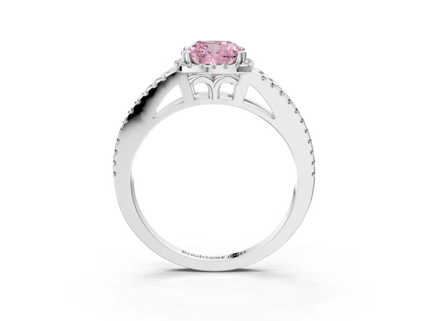 Platinum Fancy Pink Cushion Cut Diamond Halo Split Shank Engagement Ring