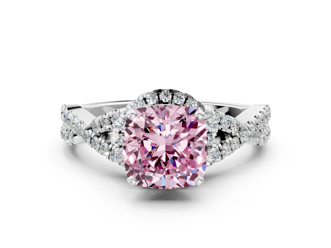 White gold Fancy Pink Cushion Cut Diamond  Halo Twist Band Solitaire Prong Setting Ring_55