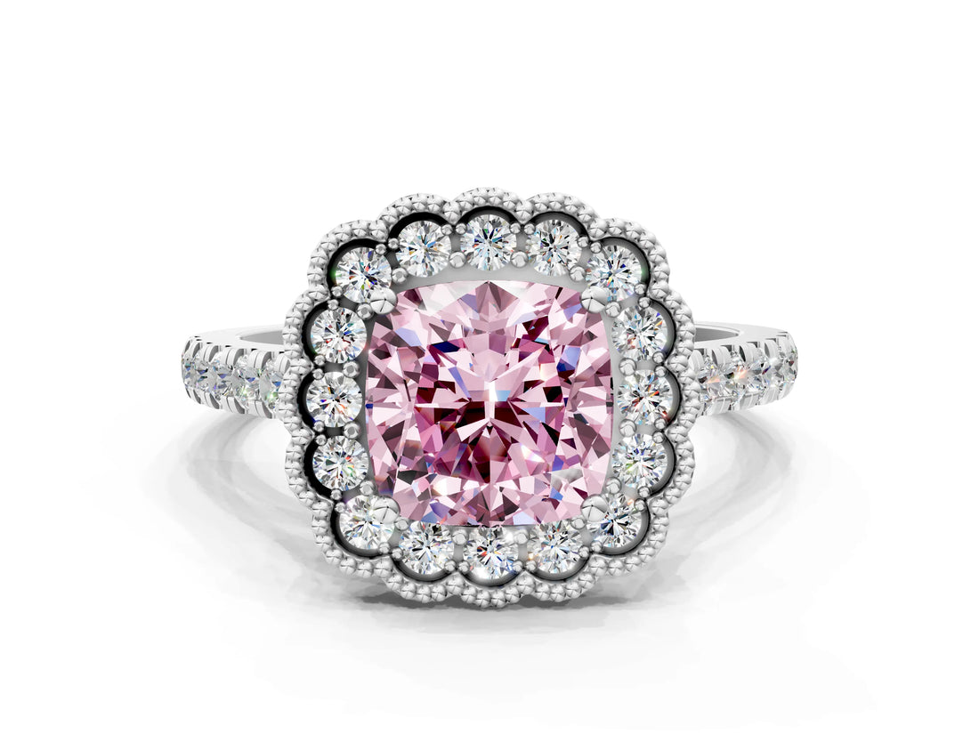 White gold Fancy Pink Cushion  Cut Diamond Milgrain Floral Halo Engagement Ring with Pavé Band_33
