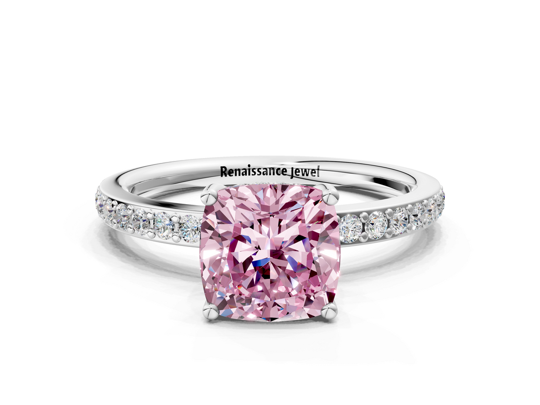 White gold Fancy Pink Cushion  Cut Diamond Pavé Band Ring with Four-Prong Setting_41