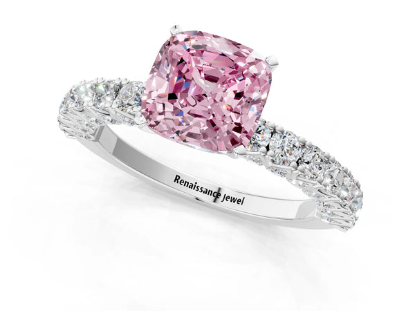 Platinum Fancy Pink Cushion Cut Diamond Pavé Band Solitaire Ring with Prong Setting