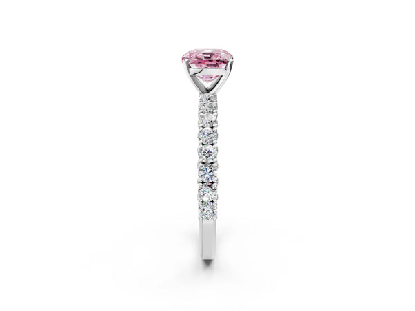 Platinum Fancy Pink Cushion Cut Diamond Pavé Band Solitaire Ring with Prong Setting