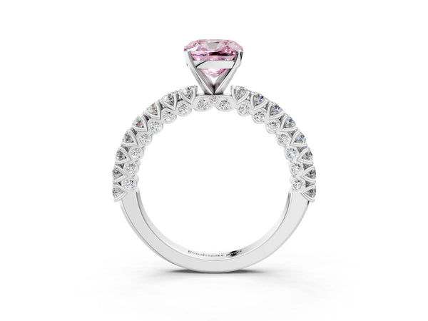 Platinum Fancy Pink Cushion Cut Diamond Pavé Band Solitaire Ring with Prong Setting