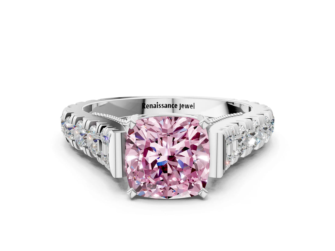 White gold Fancy Pink Cushion  Cut Diamond Pavé Band Solitaire with Four-Prong Setting_15