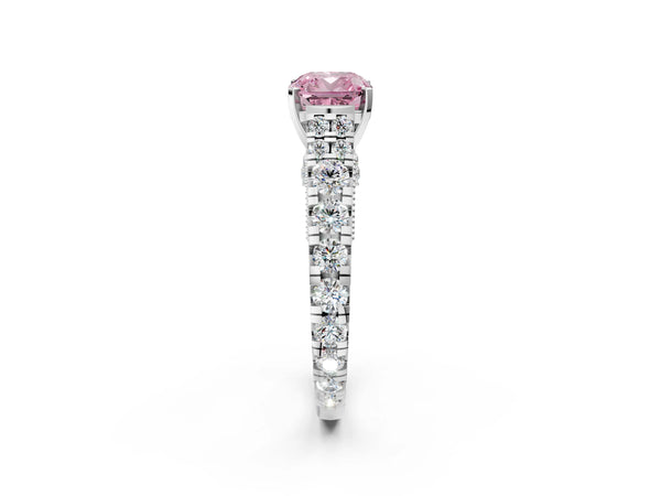 White gold Fancy Pink Cushion Cut Diamond Classic Solitaire Ring with Pavé Band and Four-Prong Setting