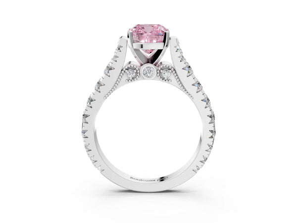 White gold Fancy Pink Cushion Cut Diamond Classic Solitaire Ring with Pavé Band and Four-Prong Setting