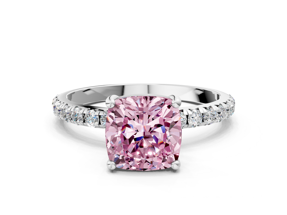 White gold Fancy Pink Cushion  Cut Diamond Pavé Band Solitaire with Four-Prong Setting_3