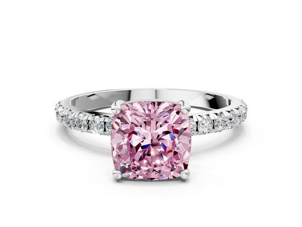 White gold Fancy Pink Cushion  Cut Diamond Solitaire Ring with Micro Pave Band and Four Prong Setting